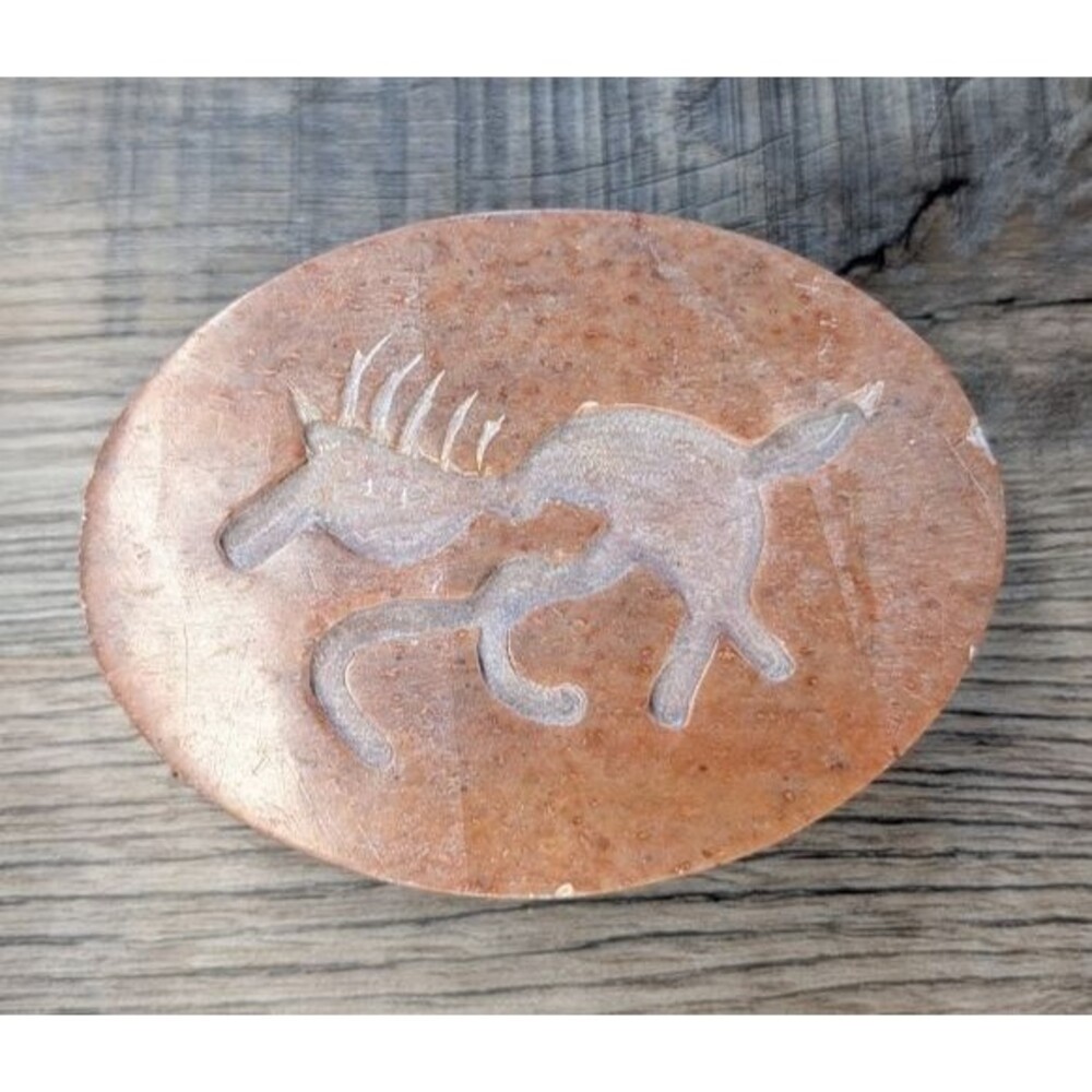 Vintage Soapstone Oval Trinket Box Brown Running Horse 4" x 3" x 1.5"